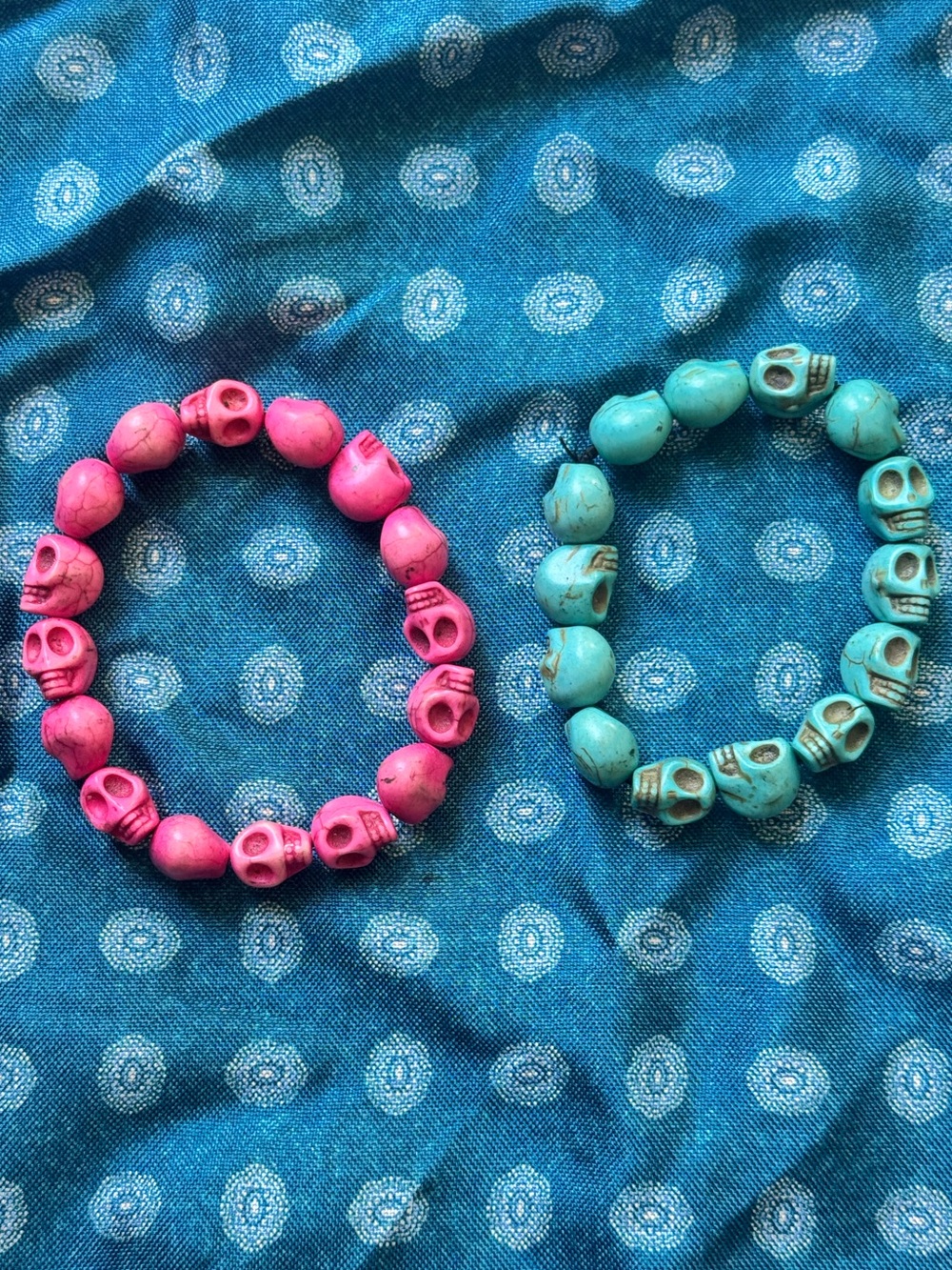 Pink & Turquoise Skull Bead Stretch Bracelets Set Boho Gothic Jewelry